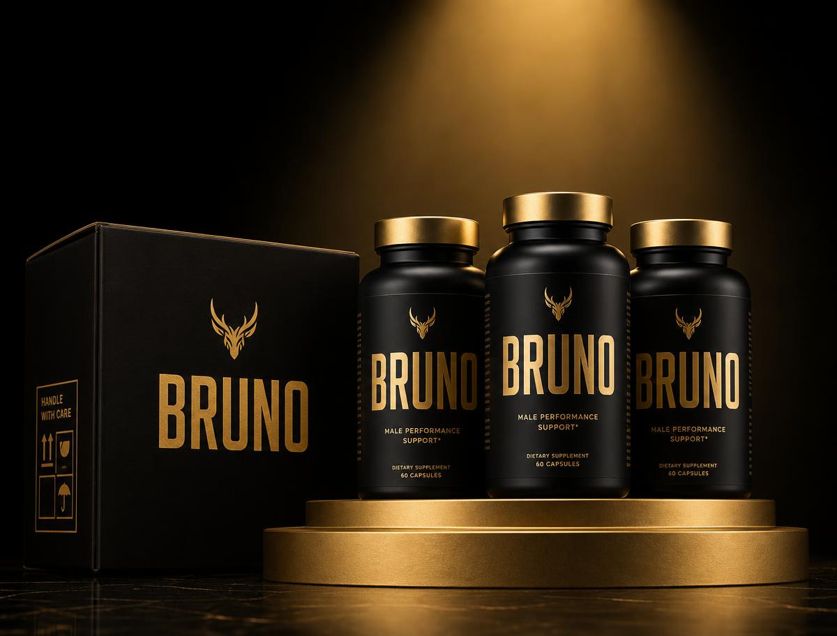 Three Bruno Male Enhancement bottles displayed with the shipping box
