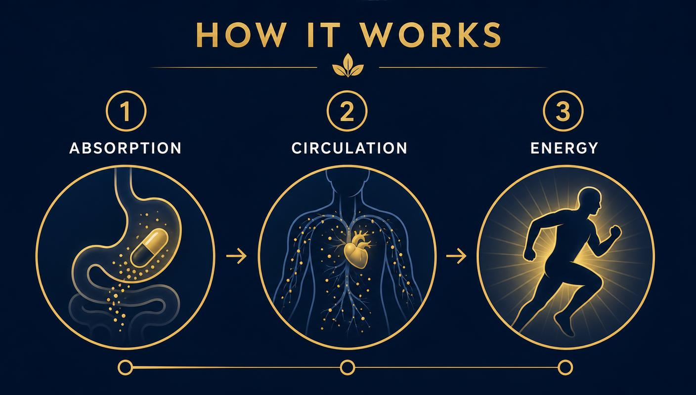 Three step diagram: capsule absorption, circulation, then energy
