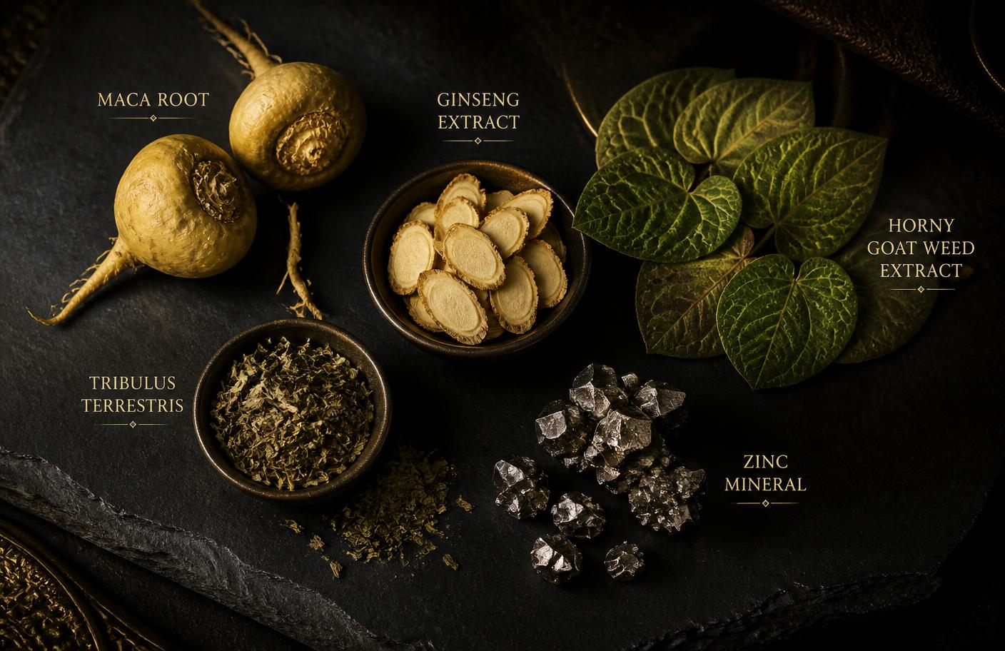 Maca root, ginseng, horny goat weed, tribulus and zinc laid out on slate